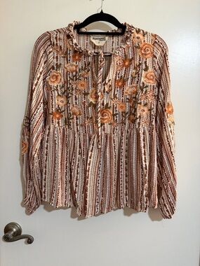 Savanna Jane Ivory and Rust Floral Embroidered Peasant Tunic